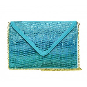 Evening Bag - 12 PCS - Satin Envelop Clutch w/ Graident Colored Rhinestones - Turquise - BG-EBP2043TQ